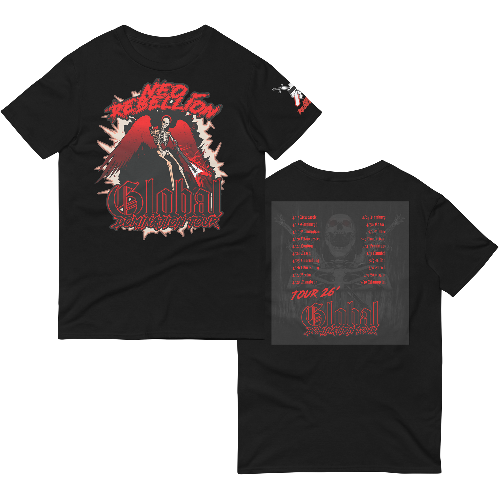 front and back of black tees with skleton and heavy metal designs and neorebellion branding with black and grey colors