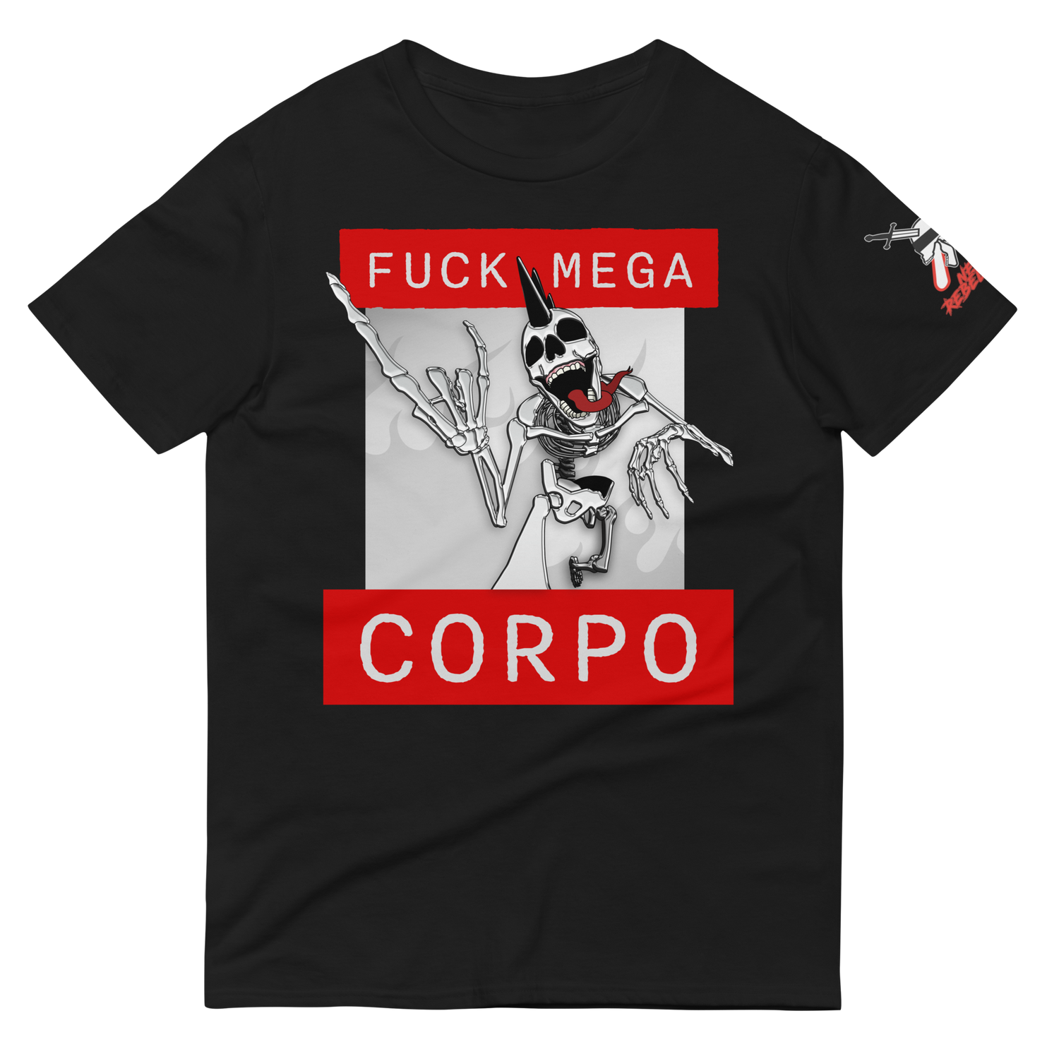 Black t-shirt with graphic design featuring a skeleton and text on a white background