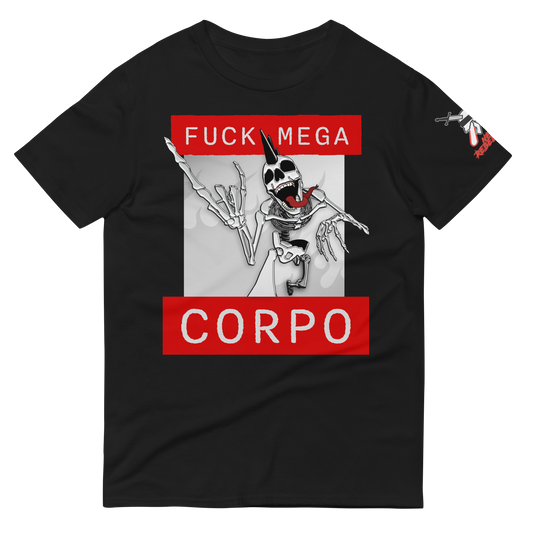 Black t-shirt with graphic design featuring a skeleton and text on a white background