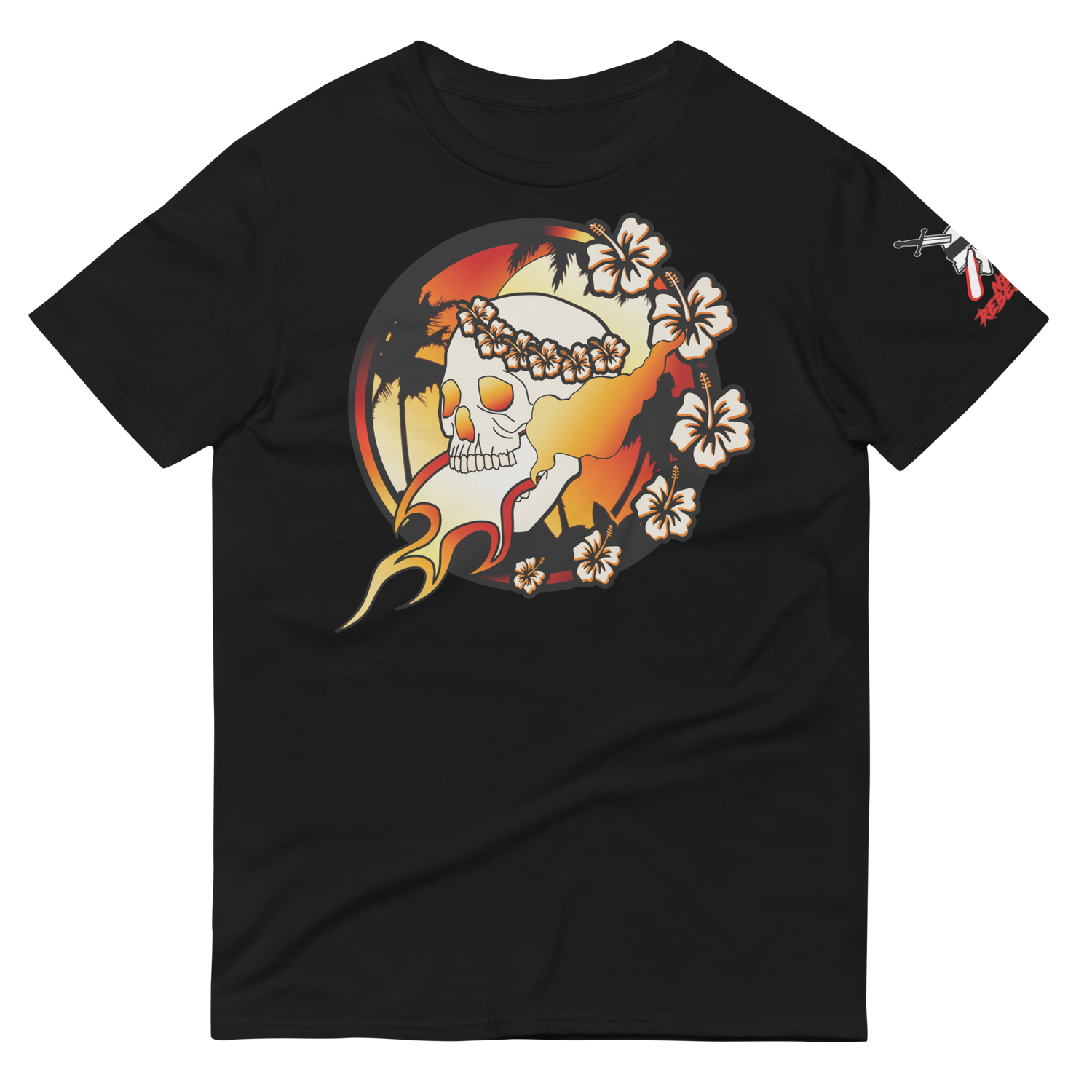 Black t-shirt with a skull and floral design on a white background
