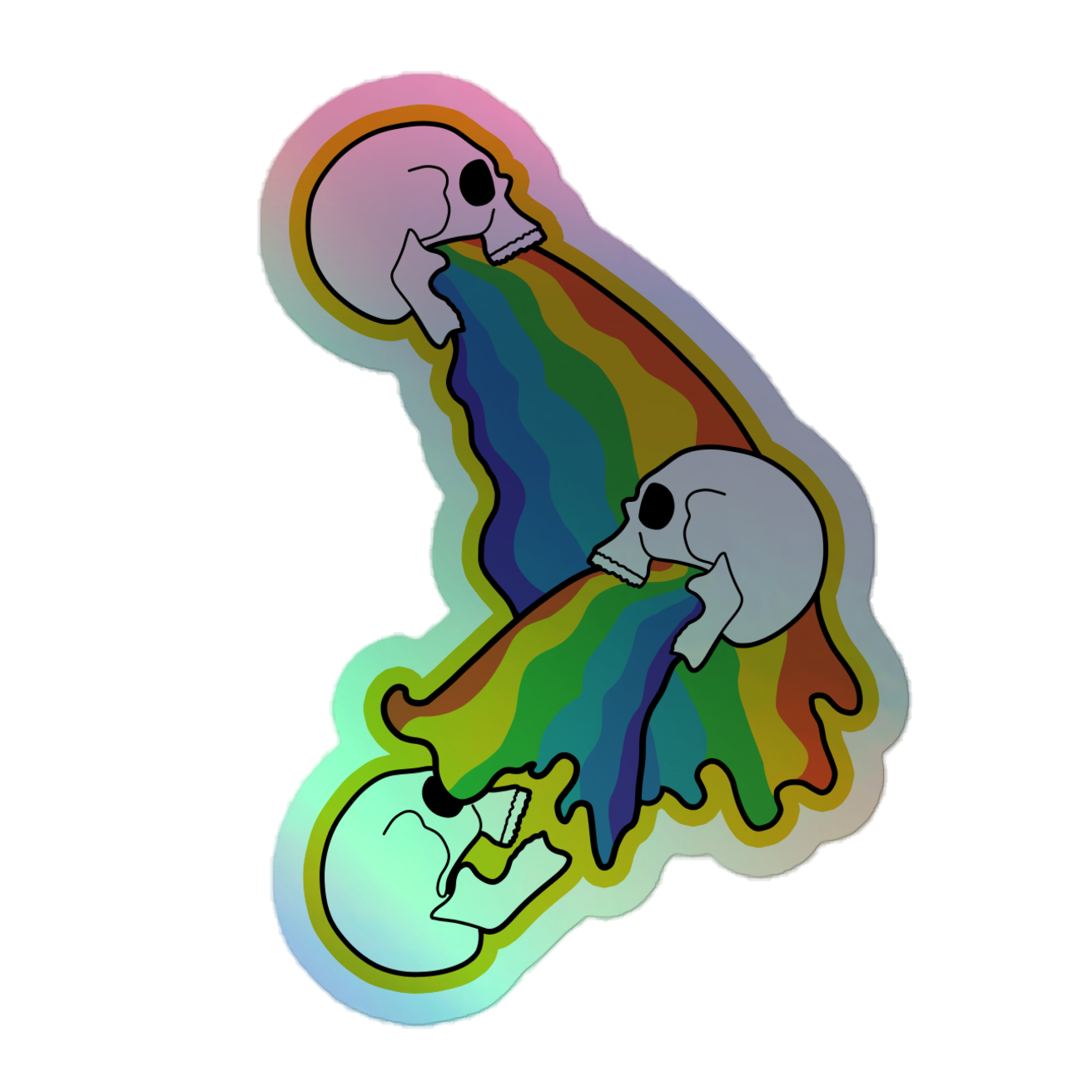 Sticker with a design of skulls vomiting a rainbow on a white background