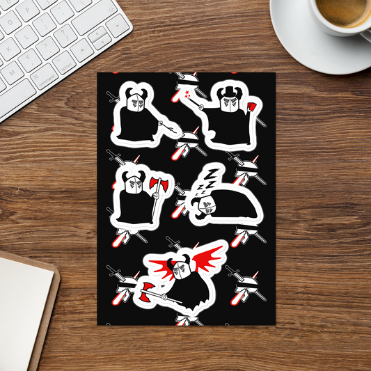 Sheet of stickers with neorebellion mascot character Oz illustrations on a wooden desk with a keyboard and coffee cup.