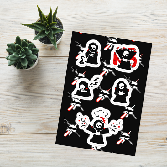 Sheet of stickers with skeleton neorebellion mascot character Rob illustrations on a wooden surface with plants.