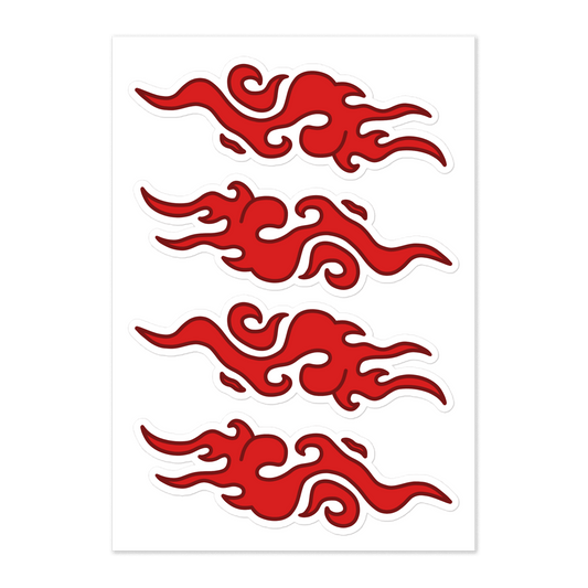 Four red flame-shaped decals arranged vertically on a white backing sheet, shown against a light gray background.