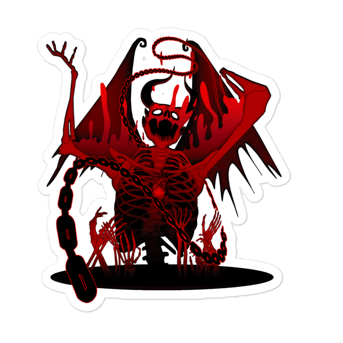 Red and black demon creature with whipping chains on a white background