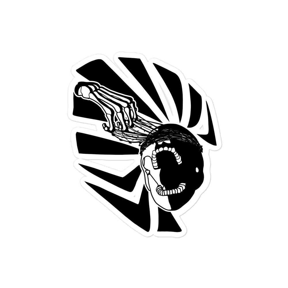 Black and white graphic of a skeleton with a sunburst pattern