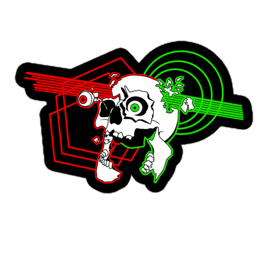 Stylized skull with red and green elements on a white background