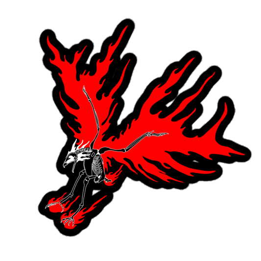 Red and black skeletal eagle logo on a white background