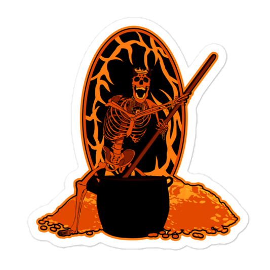 Skeletal figure with a staff and cauldron on an orange and black background