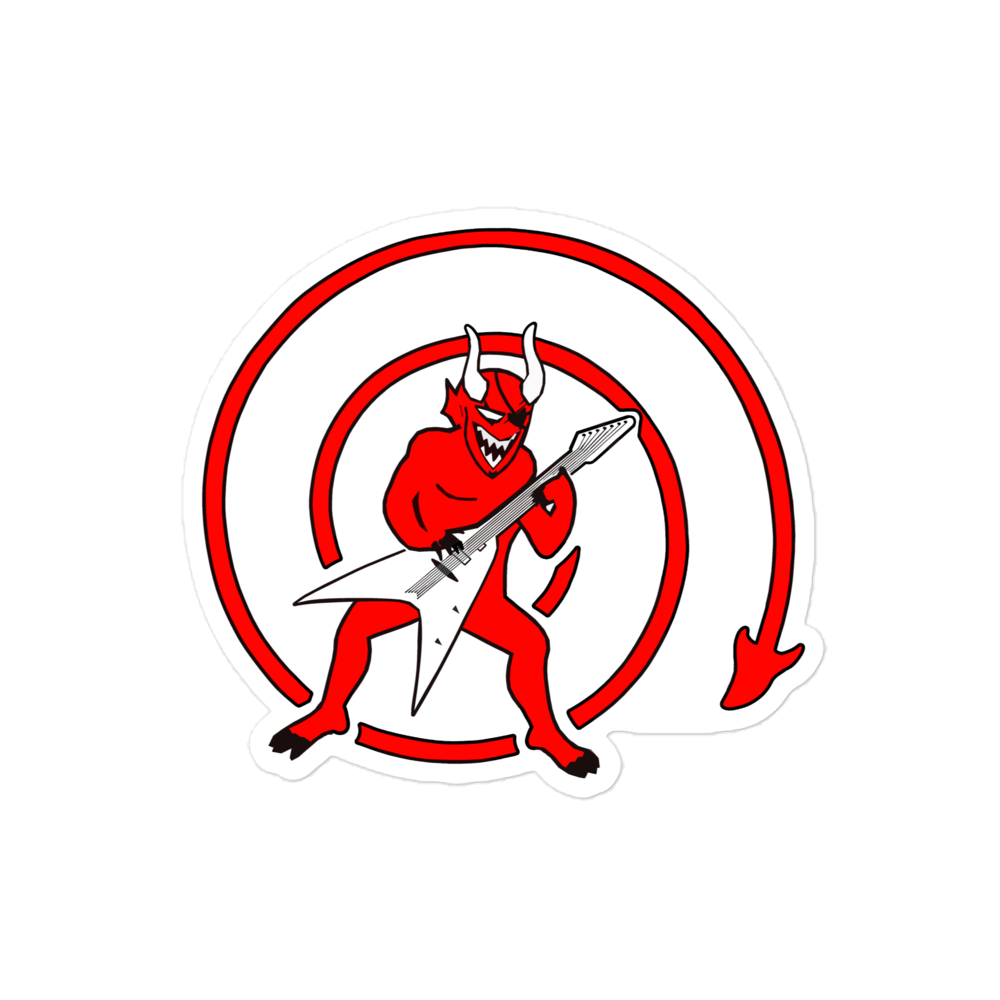 Sticker of a red devil with a guitar inside a red circle on a white background