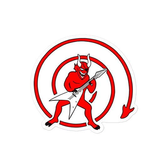 Sticker of a red devil with a guitar inside a red circle on a white background