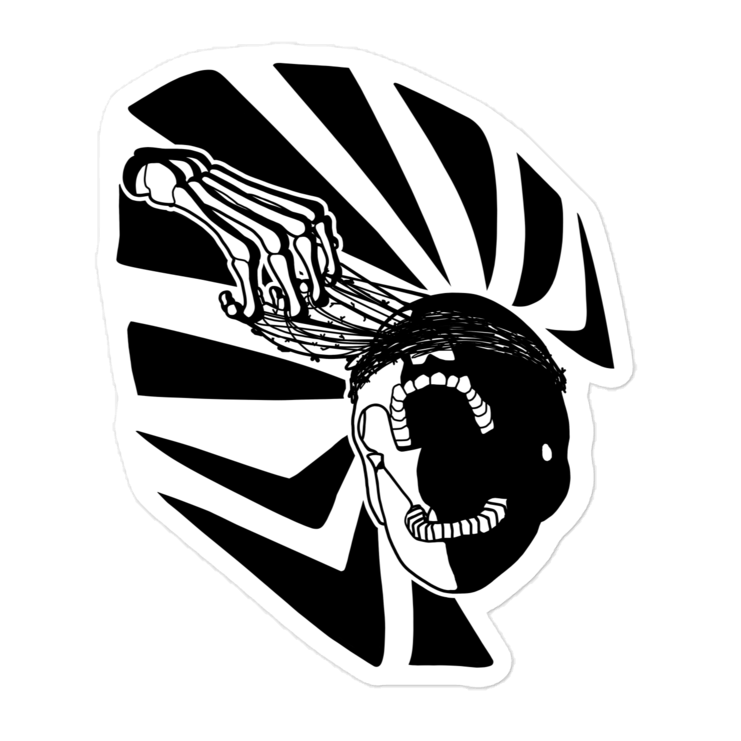 Black and white graphic of a skeleton hand reaching upwards to pull thorns from his face in front of a sharp pattern in the background.