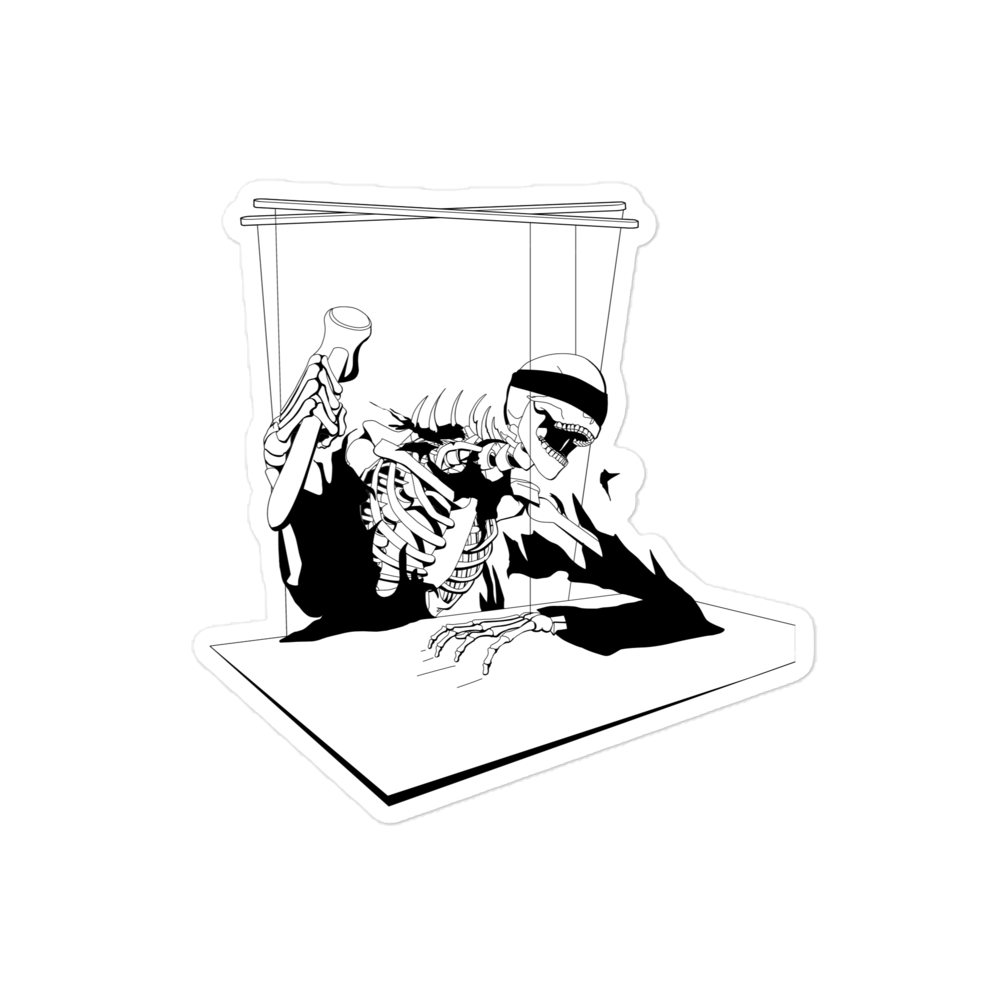 A sticker of a black and white heavy metal style skeleton figure with a blindfold holding a gavel, sitting on a chair with a table in front
