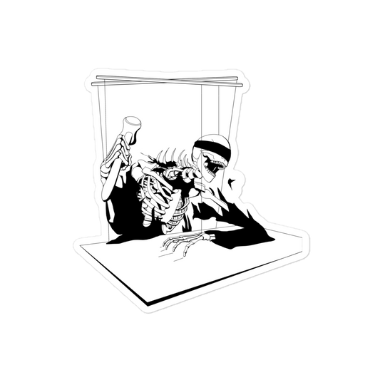 A sticker of a black and white heavy metal style skeleton figure with a blindfold holding a gavel, sitting on a chair with a table in front