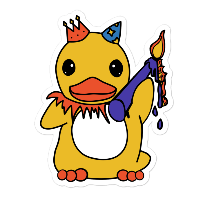 Colorful cartoon duck character with a paintbrush on a white background