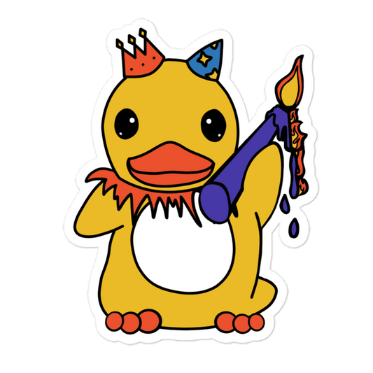 Colorful cartoon duck character with a paintbrush on a white background