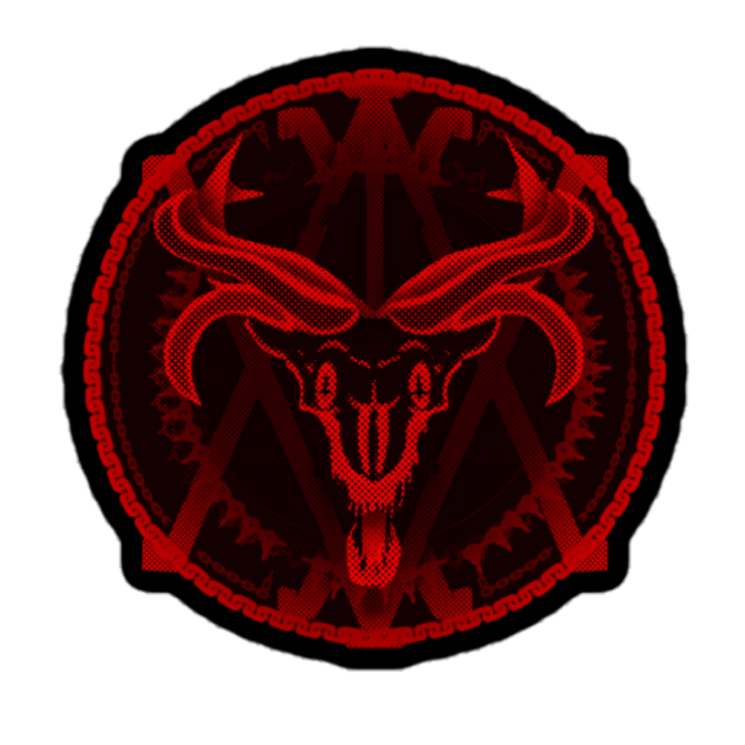 Red and black emblem with a snake and antlers design on a white background