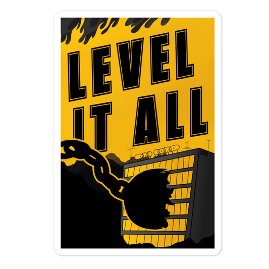 Sticker with 'Level It All' text and a chain design on a yellow background