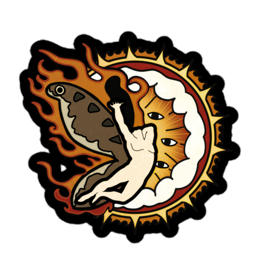 Sticker of a man with flaming moth wings flying in front of a heavy metal biblical catholic design