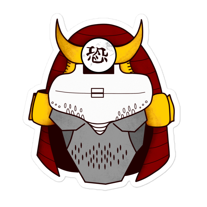 Cyberpunk samurai sticker with golden yellow flare and red helmet with overall warm color palette