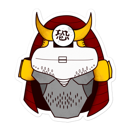Cyberpunk samurai sticker with golden yellow flare and red helmet with overall warm color palette