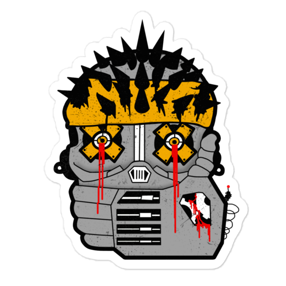 Stylized robot head with yellow bandana and black spikes on a white background
