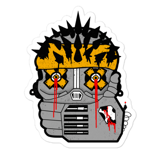 Stylized robot head with yellow bandana and black spikes on a white background