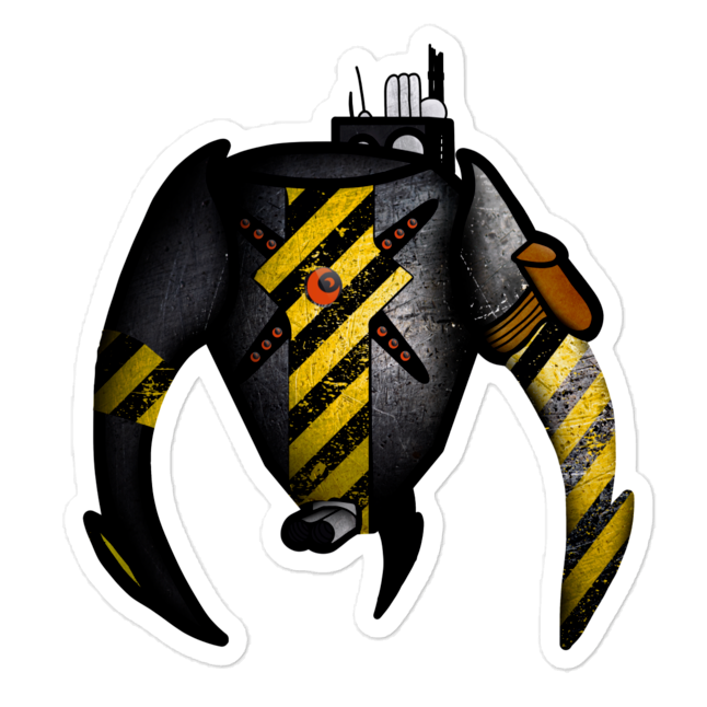 Stylized robot crab with black and yellow stripes on a white background