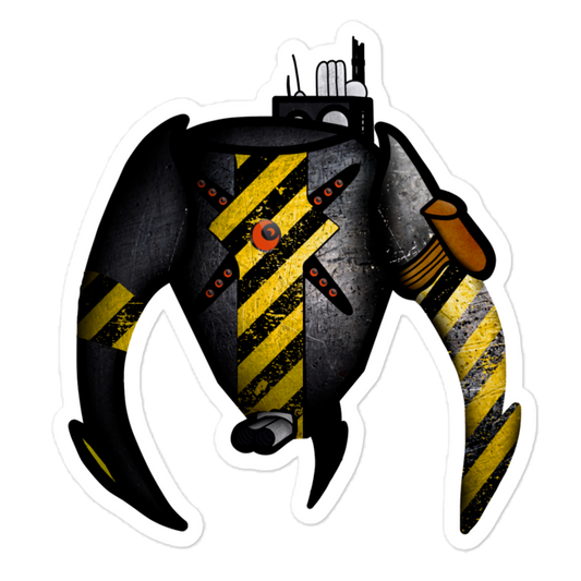 Stylized robot crab with black and yellow stripes on a white background