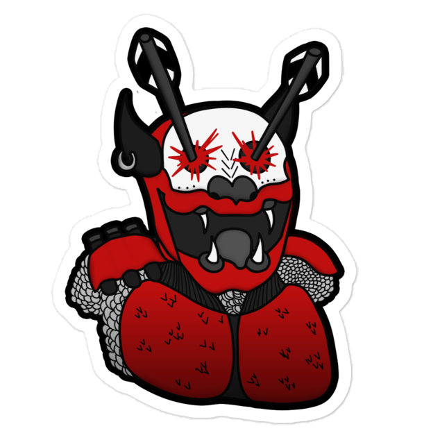 Red demon mask with black horns on a white background