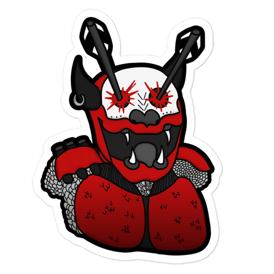 Red demon mask with black horns on a white background