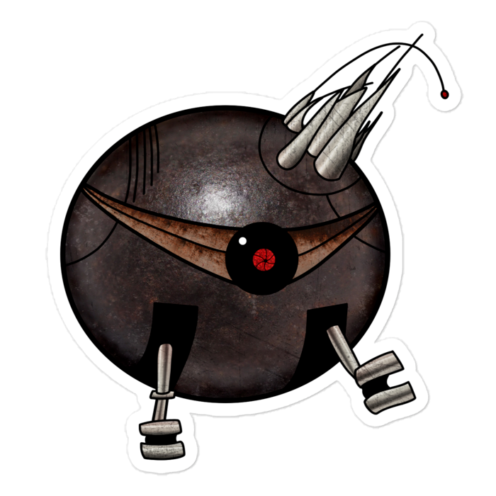 A die-cut vinyl sticker featuring a stylized, cartoonish round robot with a dark metallic gray body, a single large red and black eye, metallic silver legs, and a pair of curved metallic claws on its head, isolated on a white background.