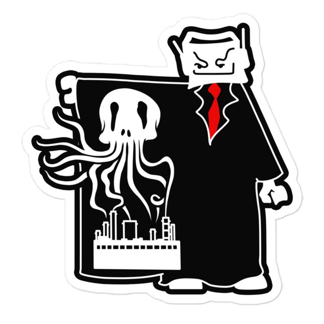 A die-cut sticker featuring a stylized black and white cartoon robot in a suit with a red tie standing holding up a trenchcoat sleeve to reveal a white skull and tentacles above a small data center, on a plain white background.