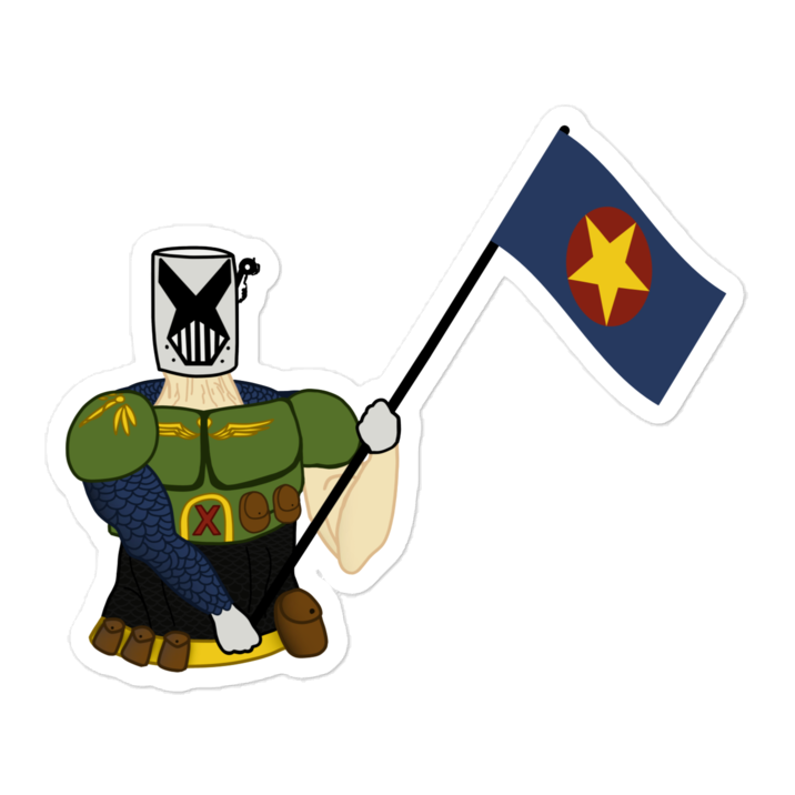 A die-cut sticker featuring a stylized cartoon character wearing a white and black skull mask, green armor, and a blue cape, holding a flag with a yellow star on a blue background.
