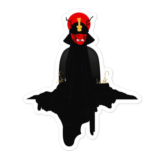A die-cut vinyl sticker featuring a stylized illustration of a figure in a flowing black robe with a red and gold mask, set against a plain white background.