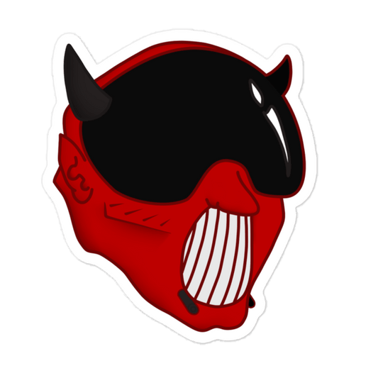 A die-cut vinyl sticker featuring a stylized red devil helmet with black horns, a black visor, and white striped teeth, shown on a plain white background.