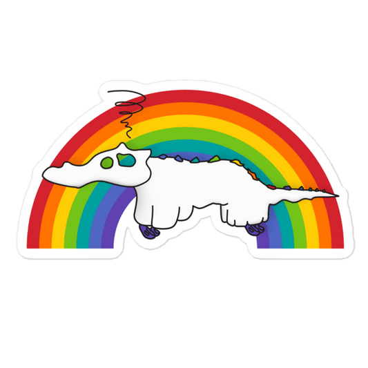 A die-cut sticker featuring a white cartoon creature with a long tail, set against a large rainbow arch on a plain white background.