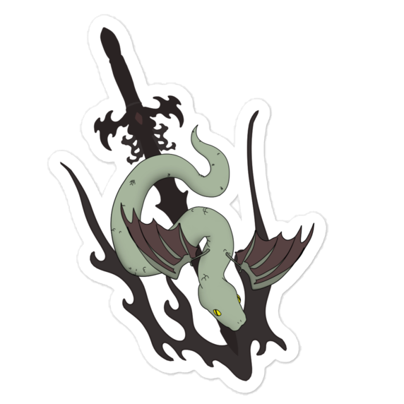 A die-cut vinyl sticker featuring a stylized green snake wrapped around a black sword, shown on a plain white background.