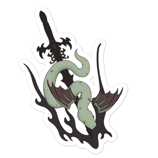 A die-cut vinyl sticker featuring a stylized green snake wrapped around a black sword, shown on a plain white background.