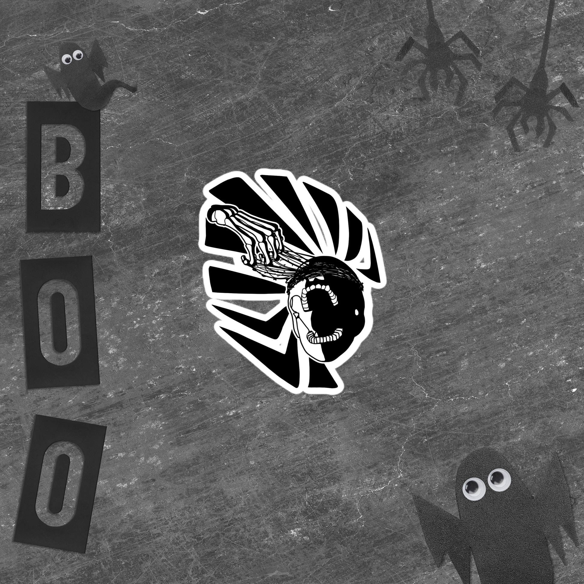Black and white illustration of a ghost with 'BOO' text on a textured gray background
