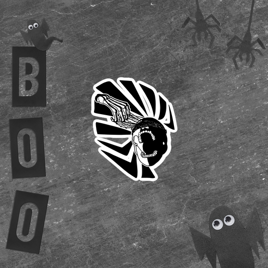 Black and white illustration of a ghost with 'BOO' text on a textured gray background
