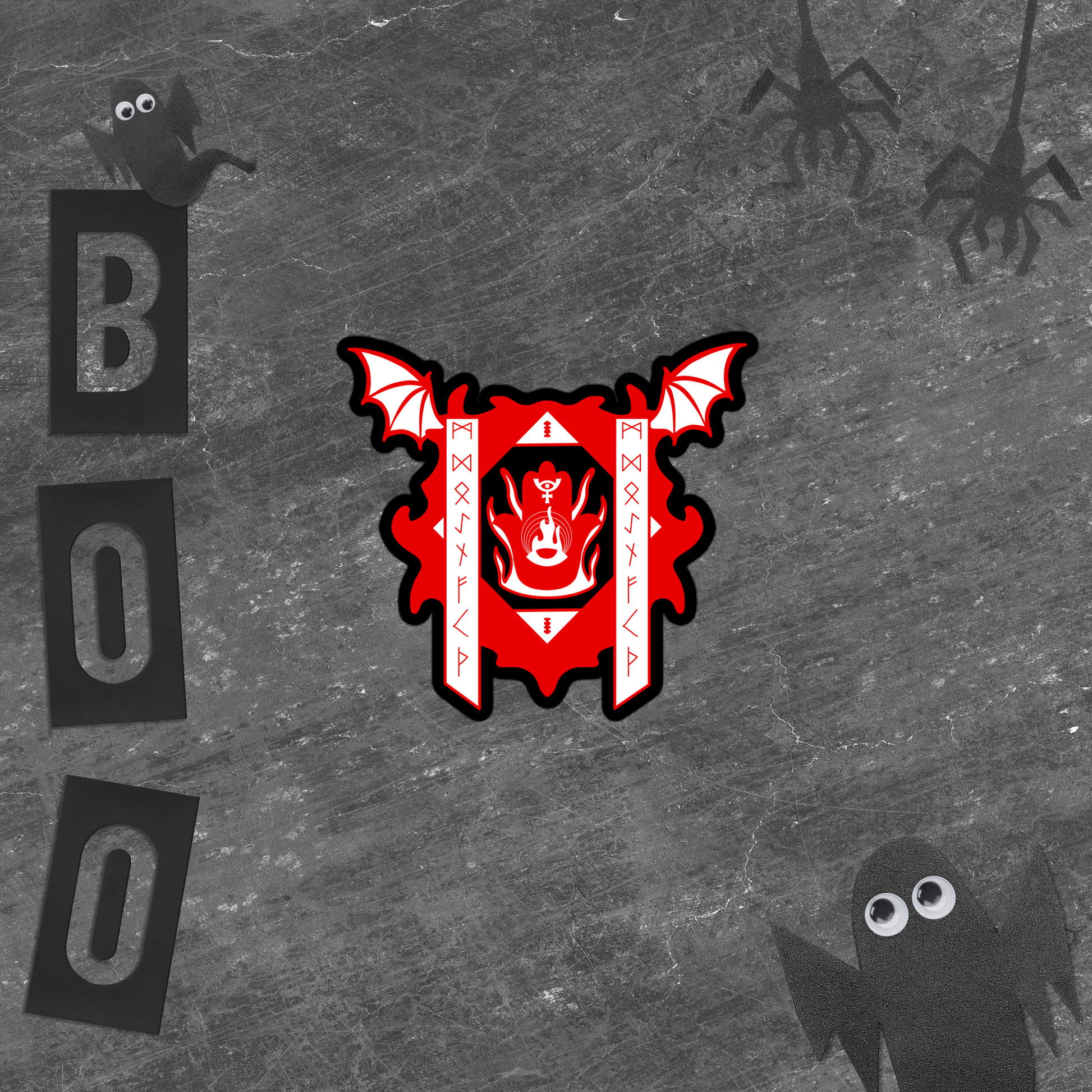 Halloween-themed design with red emblem, 'BOO' text, and ghost on a gray background.