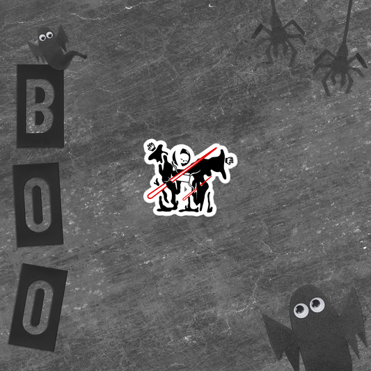 Black and white illustration of neorebellion mascot rob being pierced by a red laser on a white background, surrounded by Halloween-themed elements on a textured gray background.