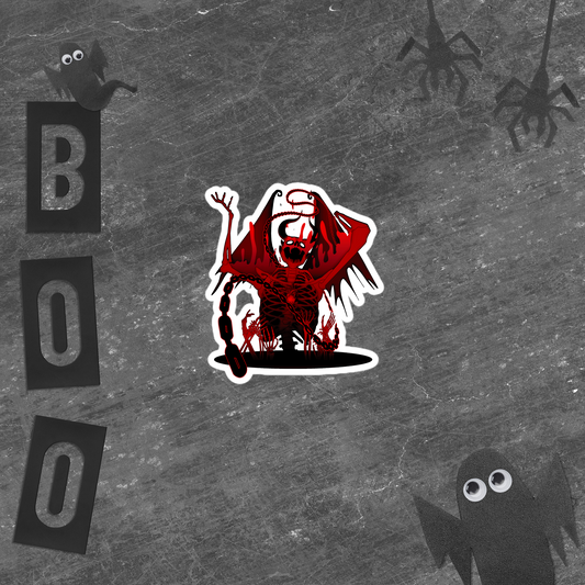 Halloween-themed red skeletal demon design with ghost, spider, and 'BOO' text on a gray background