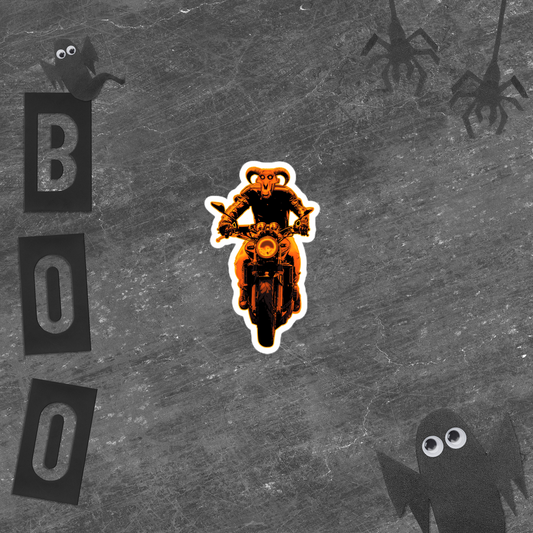 Halloween-themed sticker sticker of a heavy metal speed demon riding a motorcycle with a glowing orange outline on a white background with 'BOO' text and ghosts in the background.
