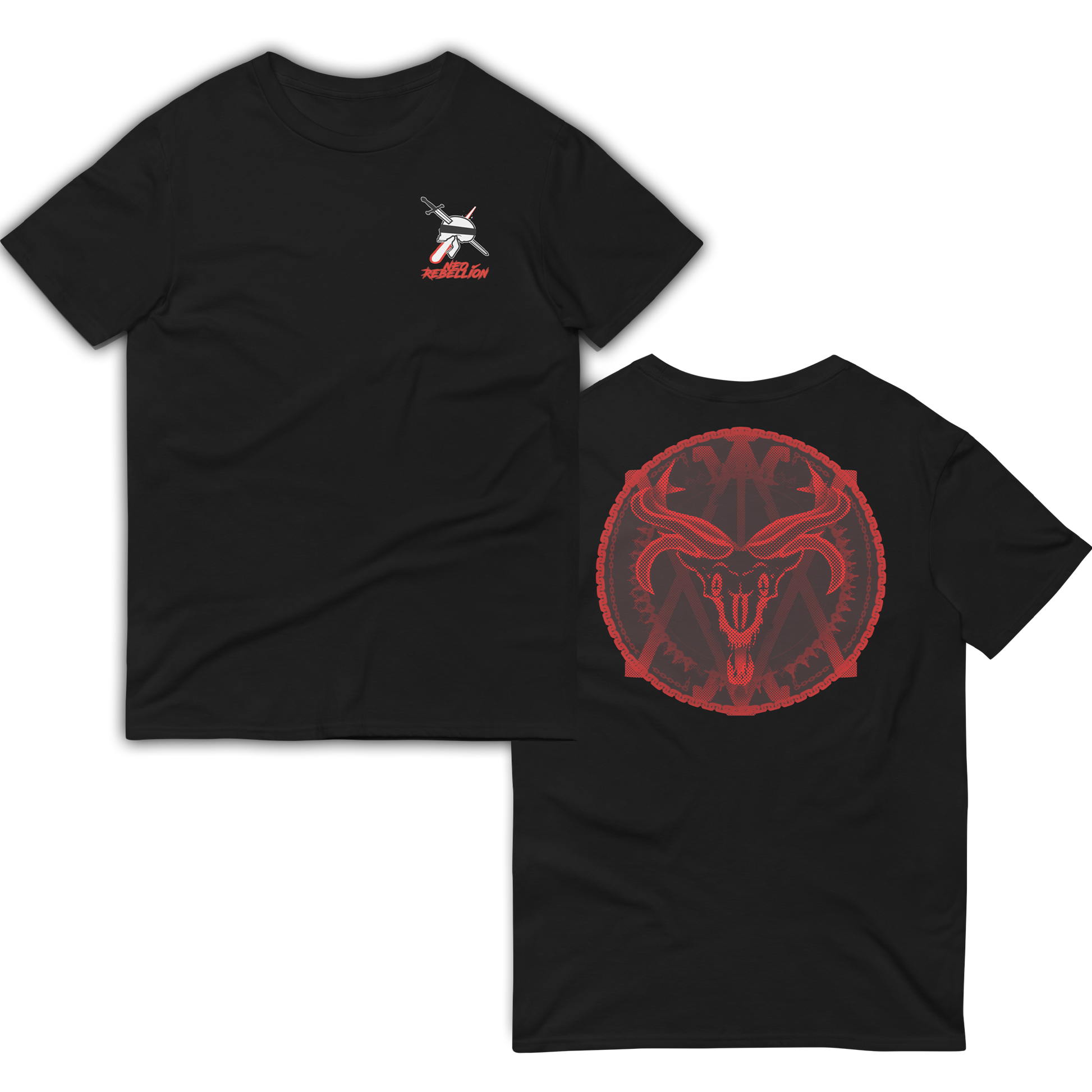 two black neorebellion tshirts from the front and back view. The back has a red and black hellish sigil