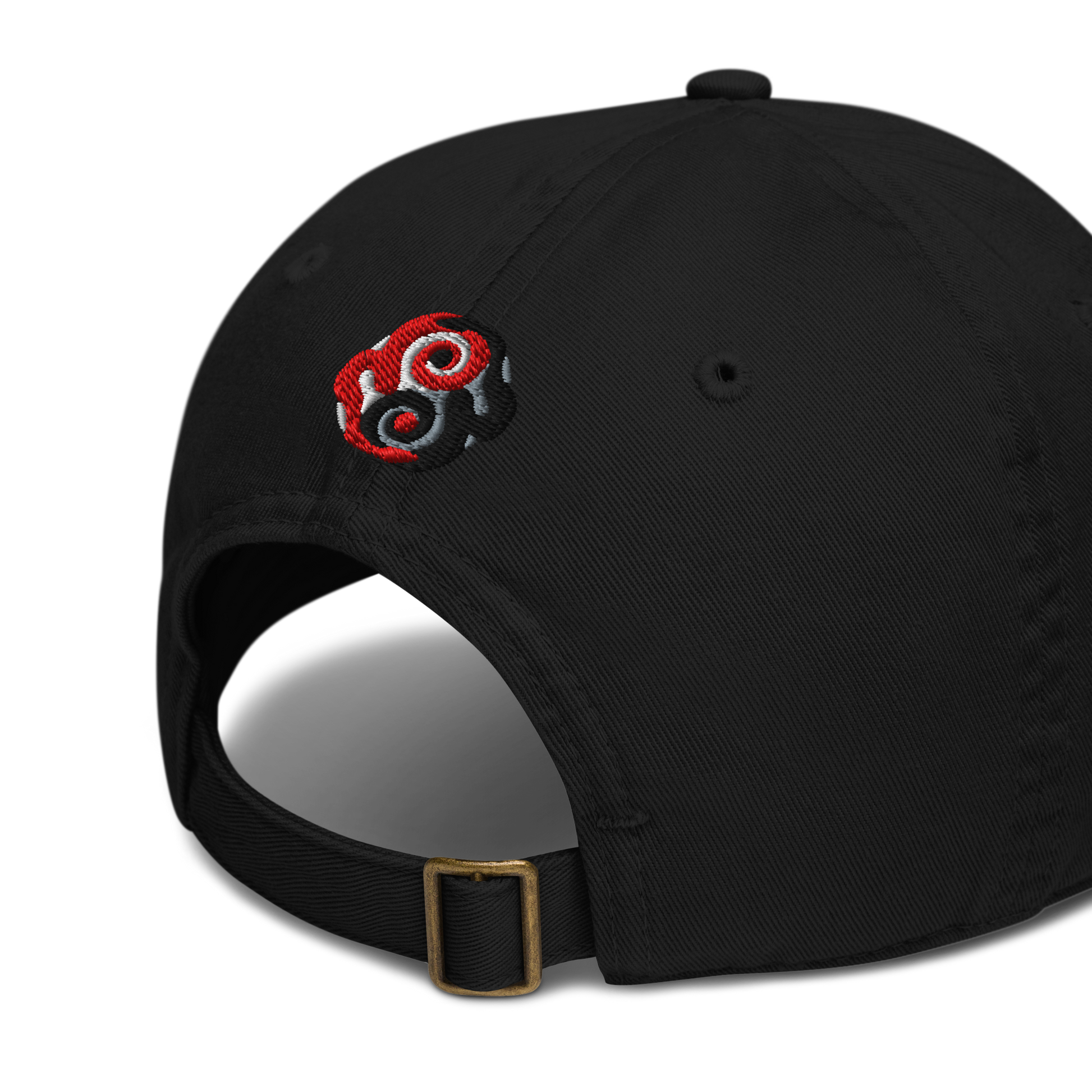 Black cap with a red and white logo on a white background