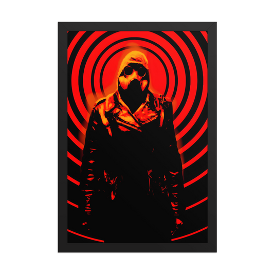 A mysterious figure in a dark outfit with a hood and a gas mask against an orange and black circular background