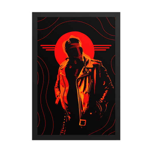 Framed 12x18 artwork of a person in a jacket with a red circular design on a black background