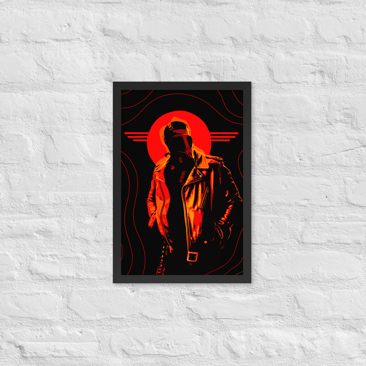a framed picture of a mysterious figure in a gas mask in front of an orange circle and wavy lines on a white brick wall